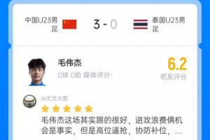 瑕不掩瑜！毛伟杰获吧友6.2评分：浪费良机是事实 但入球也有功劳